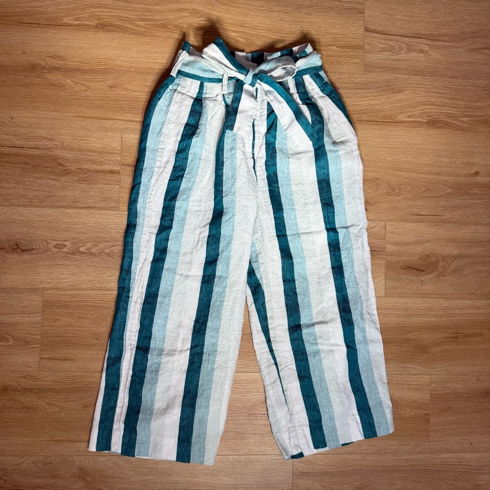 J. CREW Paper-bag linen pant in cabana stripe Turquoise Jade White Womens Size 8 - Picture 3 of 9